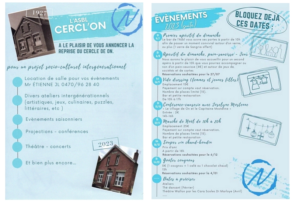 CerclOn est une asbl qui organise des activits  but socioculturel et intergnrationnel au sein de la salle du Cercle dans le village de On. 